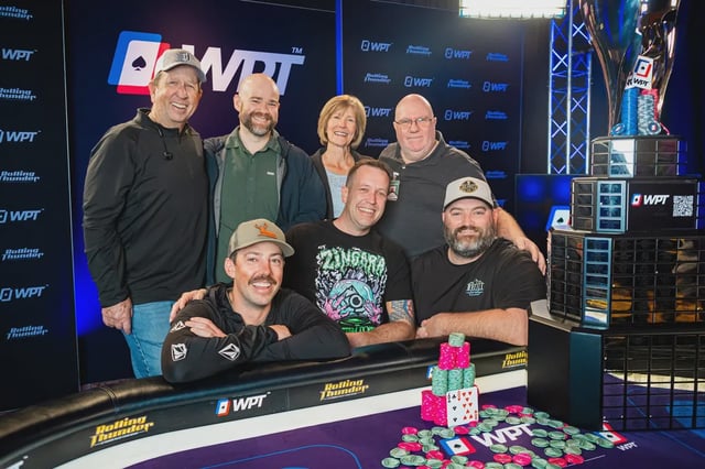 Shawn Daniels celebrated his WPT Rolling Thunder victory surrounded by friends and family, including his parents in attendance and recently crowned WPT World Champion Scott Stewart