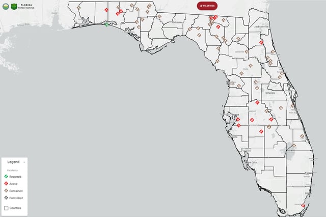 This map shows a number of wildfires listed as &#34;active&#34; across Florida.