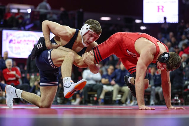 Mitchell Mesenbrink of the Penn State Nittany Lions wrestles Anthony White of the Rutgers Scarlet Knights in the 165-pound match during a dual meet at Jersey Mike&#39;s Arena on January 24, 2025 in Piscataway, New Jersey.