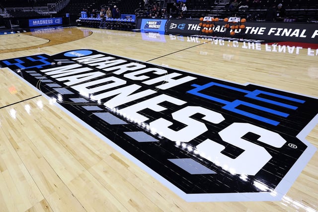 PROVIDENCE, RHODE ISLAND - MARCH 19: The March Madness logo is pictured at Amica Mutual Pavillion during Practice Day ahead of the NCAA Men's Basketball Tournament on March 19, 2025 in Providence, Rhode Island. (Photo by Emilee Chinn/Getty Images)