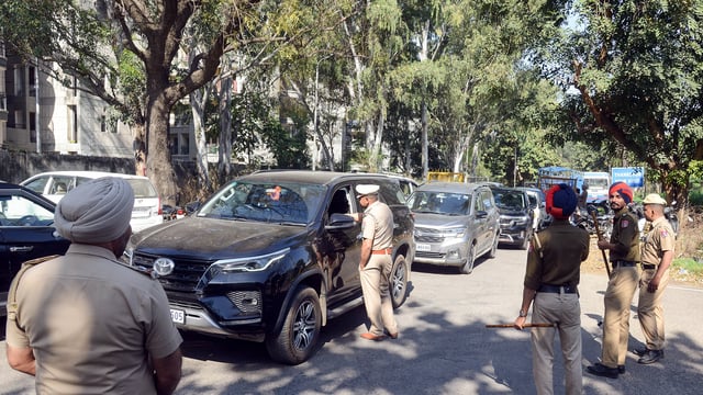  Police personnel conduct checks near Jalandhar cantonment after police remove farmers from their protest site at the Haryana—Punjab Shambhu border, in Jalandhar on Thursday. 