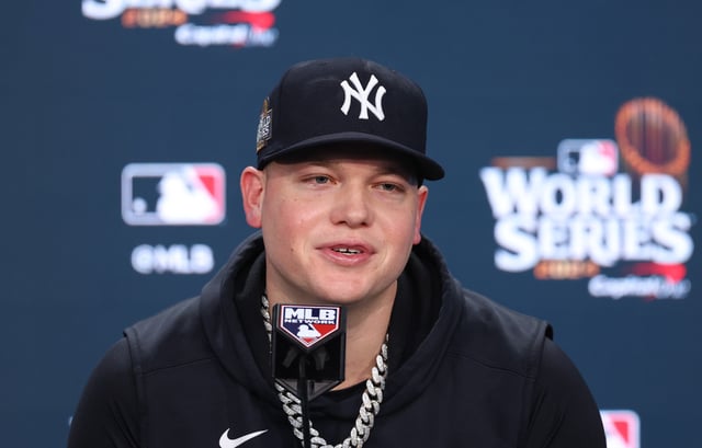 NEW YORK, NEW YORK - OCTOBER 30: Alex Verdugo #24 of the New York Yankees speaks to the media during a press conference prior to playing the Los Angeles Dodgers during Game Five of the 2024 World Series at Yankee Stadium on October 30, 2024 in New York City.