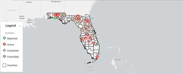 A map shows all the active wildfires burning in Florida, including one in the Everglades, on Thursday afternoon.