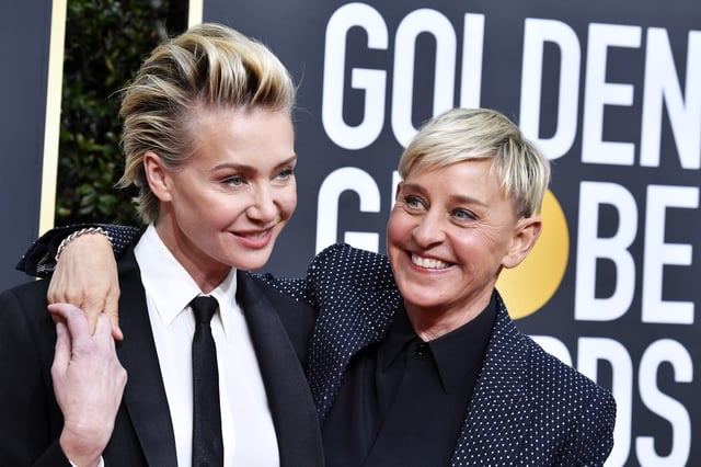 Portia de Rossi and Ellen DeGeneres attend the 77th Annual Golden Globe Awards at The Beverly Hilton Hotel on January 05, 2020 in Beverly Hills, California.