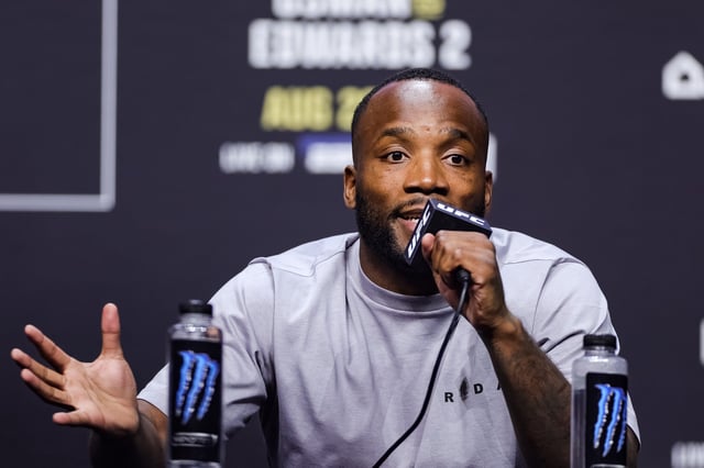 Leon Edwards is seen on the stage during the UFC 276 ceremonial weigh-in at T-Mobile Arena on July 01, 2022 in Las Vegas, Nevada.