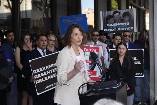Anamaria Baralt, cousin of Erik and Lyle Menendez, speaks during a press conference regarding developments in the Menendez brothers case Thursday, March 20, 2025, in Los Angeles. (AP Photo/Damian Dovarganes)