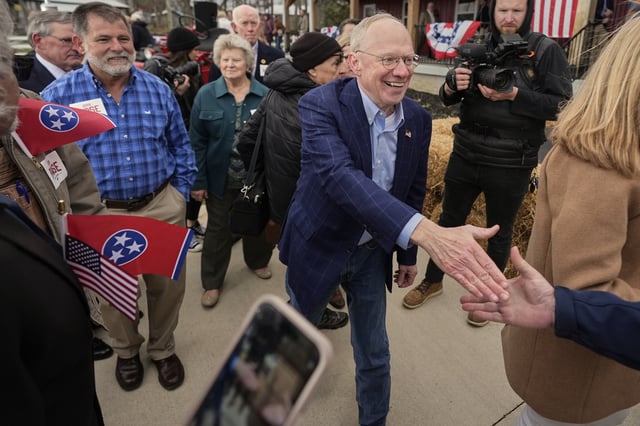 Rep. John Rose, R-Tenn., reaches to shake a hand after announcing his candidacy for the 2026 gubernatorial election Thursday, March 20, 2025, in Lebanon, Tenn. (AP Photo/George Walker IV)