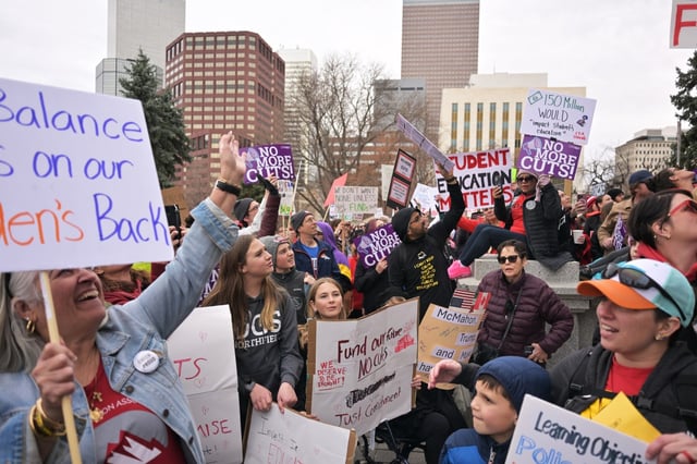 Colorado teachers, family members and supporters rally for fully funded public schools outside the Colorado State Capitol in Denver on March 20, 2025. (Photo by RJ Sangosti/The Denver Post)