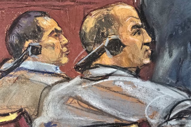 Defendants Polad Omarev and Rafat Amirov watch as Masih Alinejad, a New York-based journalist who left Iran in 2009 and is known for outspoken criticism of the government in Tehran and its treatment of women, reacts during questioning during their trial at a courtroom in New York, U.S., March 10, 2025 in this courtroom sketch. REUTERS/Jane Rosenberg/File Photo