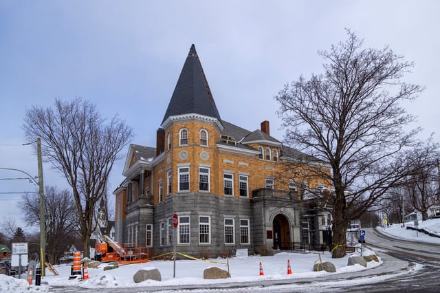 A general view of the Haskell Free Library and Opera House, which straddles the U.S.-Canada border in Stanstead, Quebec and in Derby Line, Vermont, U.S., marked by a black line on the floor, is seen from Derby Line, Vermont, U.S., January 21, 2025. REUTERS/Carlos Osorio/File Photo