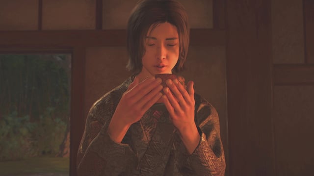Assassin's Creed Shadows Tea Ceremony answers - Naoe about to sip tea from a bowl.