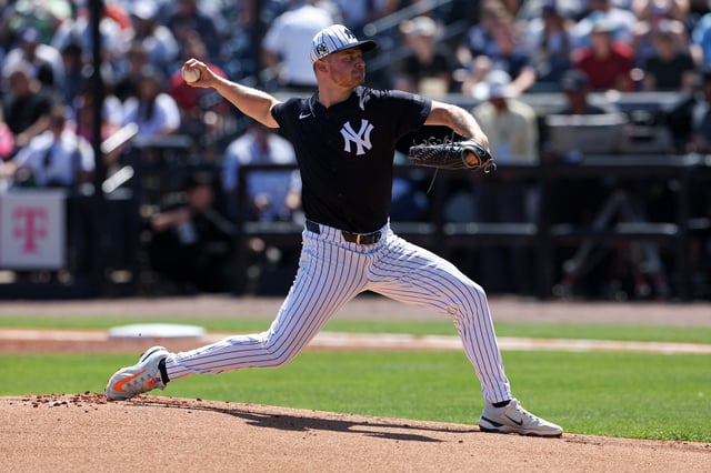 Mar 11, 2025; Tampa, Florida, USA; New York Yankees pitcher Clarke Schmidt (36) throws a pitch against the Baltimore Orioles in the first inning during spring training at George M. Steinbrenner Field. Mandatory Credit: Nathan Ray Seebeck-Imagn Images/ File Photo