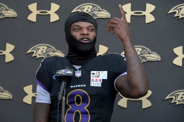 Baltimore Ravens QB Lamar Jackson takes questions after practice at the Under Armour Performance Center. (Kim Hairston/Staff)