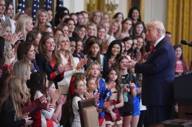 President Donald Trump before signing an executive order barring transgender female athletes from competing in women&#39;s or girls&#39; sporting events in February. (AP Photo/ Evan Vucci)