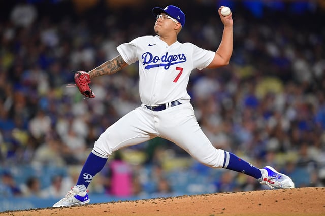 September 1, 2023; Los Angeles, California, USA; Los Angeles Dodgers starting pitcher Julio Urias (7) throws against the Atlanta Braves during the fifth inning at Dodger Stadium. Mandatory Credit: Gary A. Vasquez-USA TODAY Sports/ File Photo
