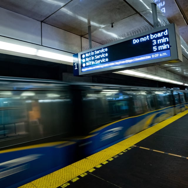 An information board shows SkyTrain Service is not in service during a transit strike in Vancouver, B.C., Monday, Jan. 22, 2024. THE CANADIAN PRESS/Ethan Cairns
