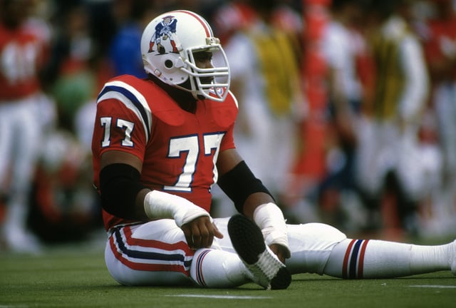 Kenneth Sims #77 of the New England Patriots looks on during an NFL football game circa 1982 at Sullivan Stadium in Foxboro, Massachusetts.
