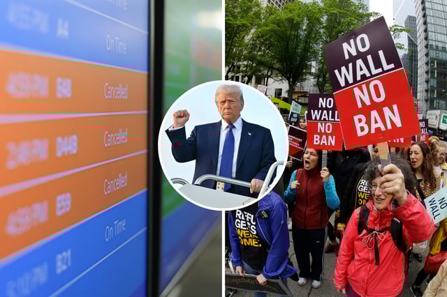 U.S. President Donald Trump (center) steps off of Air Force One upon arrival at Palm Beach International Airport in West Palm Beach, Florida, on February 14, 2025. The President promised another travel ban, similar to the one which saw widespread protests in 2017 (right).