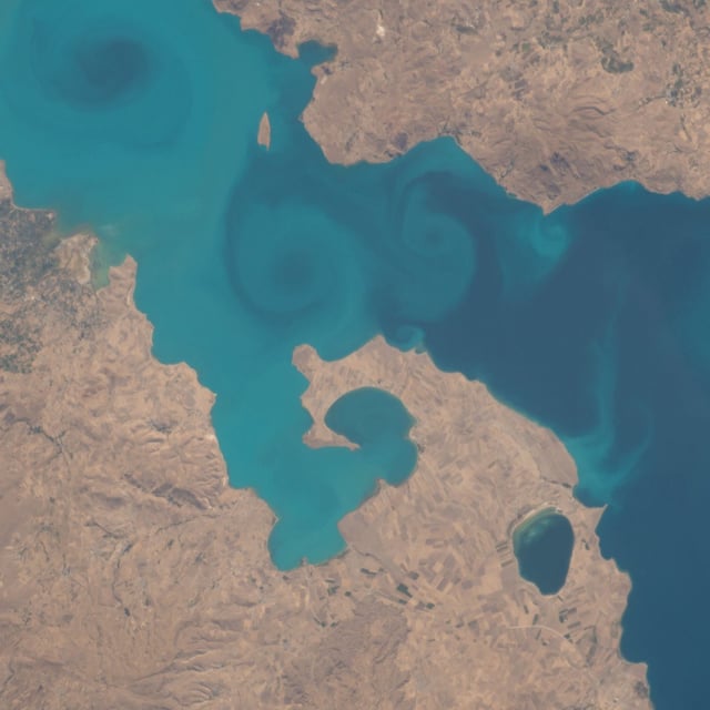 Taken from the International Space Station by an astronaut, this is a view of Lake Van off Turkey, the largest soda lake on Earth. This region is prone to major earthquakes because of movement from the Eurasian and Arabian tectonic plates.