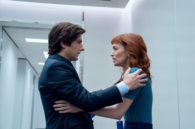 Adam Scott and Britt Lower in the Ben Stiller-vehicle &#34;Severance,&#34; currently streaming on Apple TV+.