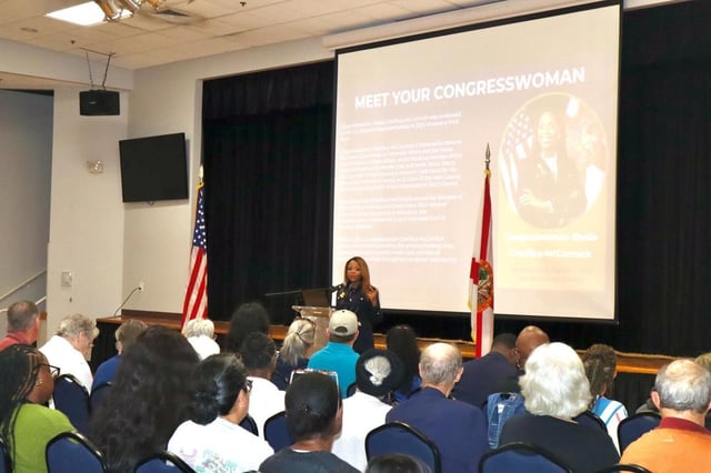 U.S. Rep. Sheila Cherfilus-McCormick, a Broward-Palm Beach county Democrat, speaks at a town hall meeting for constituents in Tamarac on Feb. 27, 2025. (Office of U.S. Rep. Sheila Cherfilus-McCormick/courtesy)