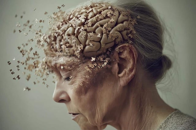 Portrait of an elderly woman with a decaying brain visually representing dementia memory loss