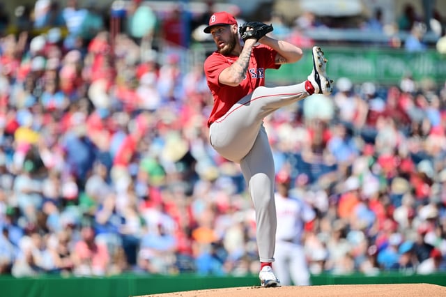 CLEARWATER, FLORIDA - FEBRUARY 28: Garrett Crochet #35 of the Boston Red Sox delivers a pitch in the first inning against the Philadelphia Phillies during a Grapefruit League spring training game at BayCare Ballpark on February 28, 2025 in Clearwater, Florida.