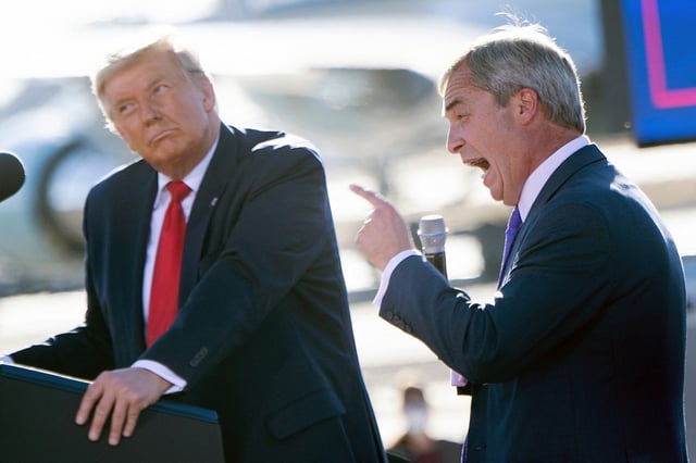 President Donald Trump listens as British politician Nigel Farage speaks during a Make America Great Again rally at Phoenix Goodyear Airport on October 28, 2020 in Arizona.