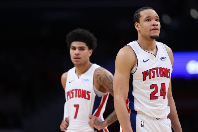 WASHINGTON, DC - JANUARY 15: Kevin Knox II #24 and Killian Hayes #7 of the Detroit Pistons look on against the Washington Wizards during the second half at Capital One Arena on January 15, 2024 in Washington, DC.