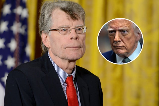 Main image: Stephen King receive the 2014 National Medal of Arts at the White House on September 10, 2015 in Washington, D.C. Inset:  President Donald Trump speaks to the media during a guided tour of the John F. Kennedy Center for the Performing Arts on March 17 in Washington, D.C.