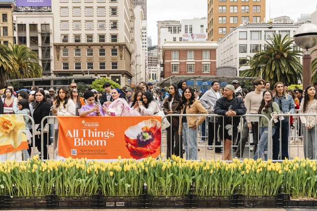 A crowd waits in line to select free flowers at Tulip Day in Union Square.
