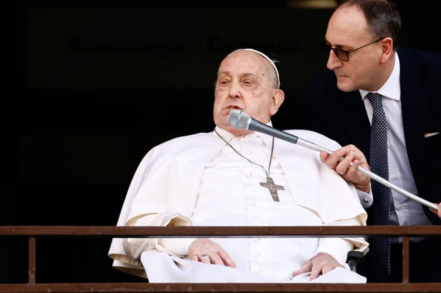 Pope Francis speaks during his first public appearance in five weeks, on the day he is set to be discharged from Gemelli Hospital, in Rome on Sunday.