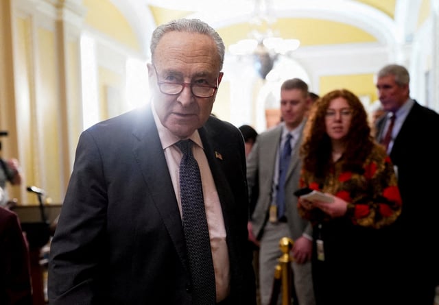 Senate Minority Leader Chuck Schumer (D-NY) walks on the day of the Senate Democrats' weekly policy lunch on Capitol Hill in Washington, D.C., U.S., February 25, 2025.