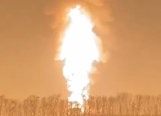 A screengrab from footage purporting to show a new blaze at the Kavkazskaya oil refinery in Russia&#39;s southern Krasnodar region, overnight into Sunday morning. Newsweek could not independently verify this footage.