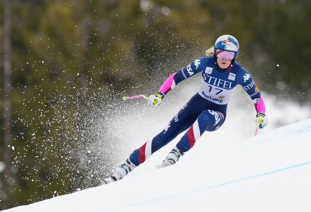 Mar 23, 2025; Sun Valley, ID, USA; Lindsey Vonn of the United States during the women's Super G alpine skiing race in the 2025 FIS Ski World Cup at Sun Valley. Christopher Creveling-Imagn Images