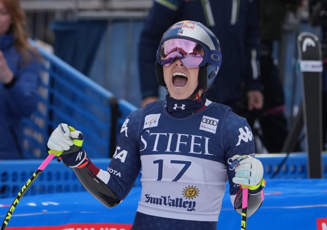 Mar 23, 2025; Sun Valley, ID, USA; Lindsey Vonn of the United States reacts in the finish area during the women's Super G alpine skiing race in the 2025 FIS Ski World Cup at Sun Valley. Michael Madrid-Imagn Images