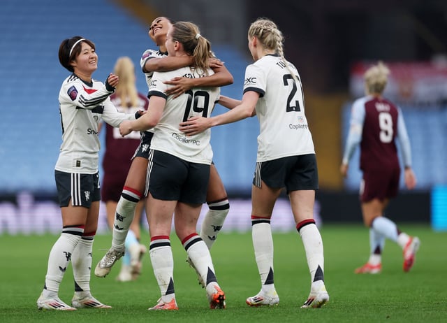 Soccer Football - Women's Super League - Aston Villa v Manchester United - Villa Park, Birmingham, Britain - March 23, 2025 Manchester United's Elisabeth Terland scores their second goal with Jayde Riviere Action Images via Reuters/Paul Childs