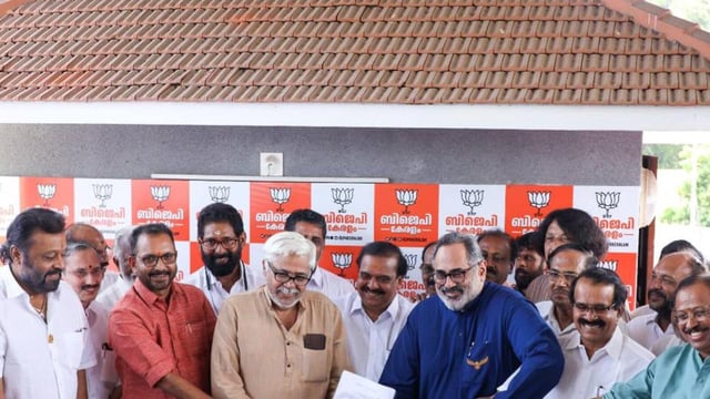 Former Union minister Rajeev Chandrasekhar files two sets of nomination papers for the position at the BJP headquarters in Thiruvananthapuram on Sunday. (HT photo)