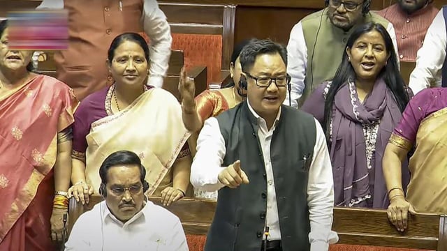 Union minister Kiren Rijiju speaks in the Rajya Sabha on Monday. (Sansad TV)