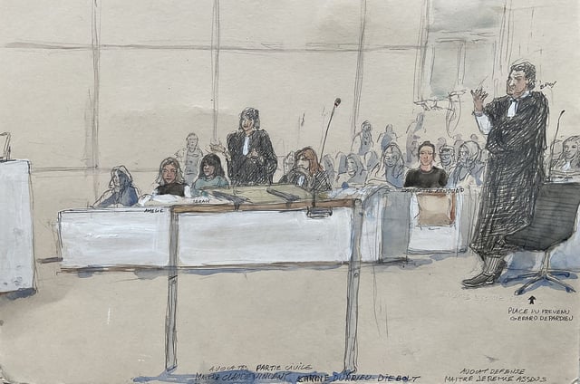 A court sketch from October 28, 2024, shows French actress Charlotte Arnould (second right) attending the trial of Depardieu on sexual assault charges against two other women, in Paris on October 28, 2024.