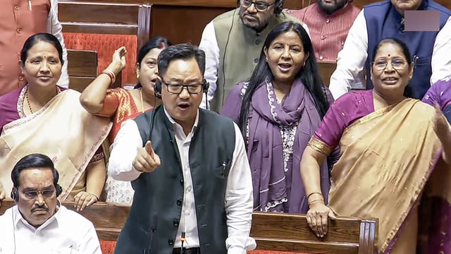 Union Minister Kiren Rijiju speaks in the Rajya Sabha during the Budget session of Parliament, in New Delhi on Monday.