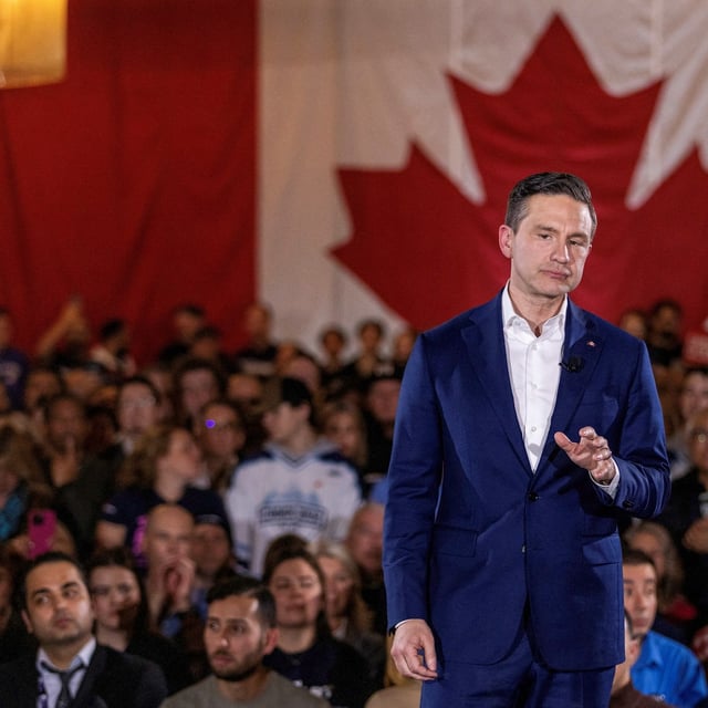 Conservative Party of Canada leader Pierre Poilievre speaks at a campaign election rally in North York, Ontario, Canada March 23, 2025. REUTERS/Carlos Osorio