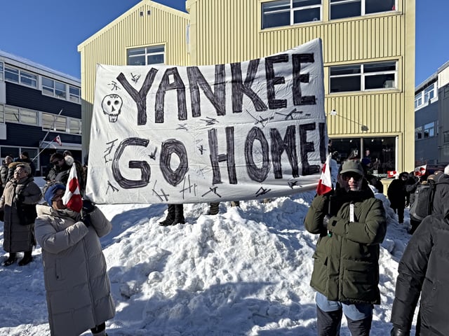 NUUK, GREENLAND - MARCH 15: Around 1,000 Greenlanders gather in the city center and march to the US consulate building located on the outskirts of the city to protesting US President Donald Trump's recent remarks on the sovereignty of their country, in Nuuk, Greenland on March 15, 2025. (Photo by Ahmet Gurhan Kartal /Anadolu via Getty Images)