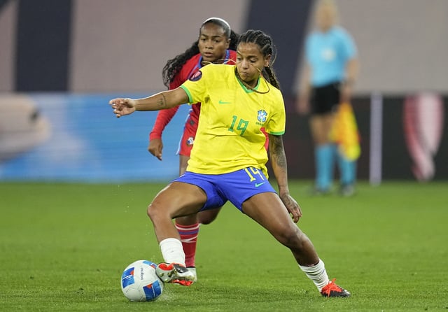 Feb 27, 2024; San Diego, California, USA; Brazil forward Geyse (19) controls the ball against Panama defender Wendy Natis (3) during the first half of the 2024 Concacaf W Gold Cup group B stage match at Snapdragon Stadium. Mandatory Credit: Ray Acevedo-USA TODAY Sports/File Photo