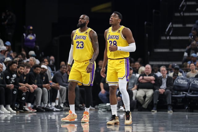 LeBron James #23 of the Los Angeles Lakers and Rui Hachimura #28 of the Los Angeles Lakers during the game at FedExForum on March 27, 2024 in Memphis, Tennessee. NOTE TO USER: User expressly acknowledges and agrees that, by downloading and or using this photograph, User is consenting to the terms and conditions of the Getty Images License Agreement.