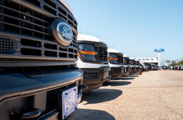 Ford-150 pickup trucks are displayed for sale at a dealership on March 24, 2025 in Austin, Texas.