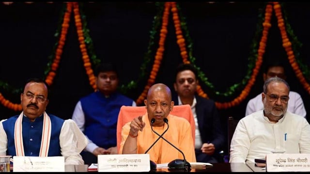 Chief minister Yogi Adityanath holds a press conference in the state capital on Monday. Also seen are state BJP president Bhupendra Singh Chaudhary and deputy CM Keshav Prasad Maurya. (Deepak Gupta/HT Photo)