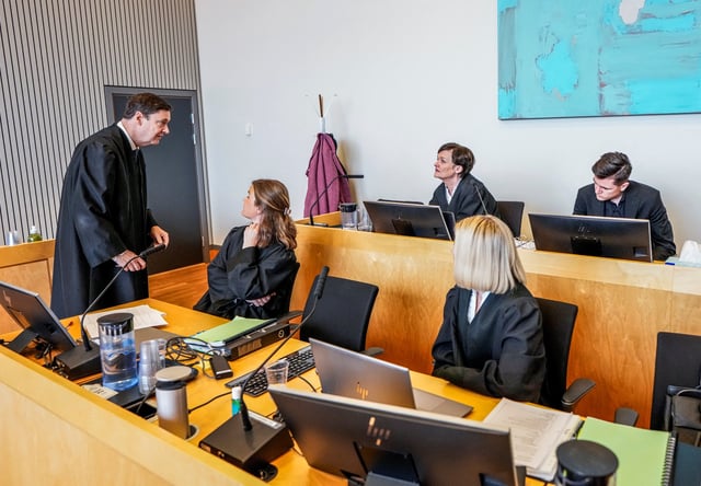 Defense lawyer for Gjert Ingebrigtsen, John Christian Elden, Prosecutor Angjerd Kvernenes, Jakob Ingebrigtsen, and defense attorney Mette Yvonne Larsen appear at South Rogaland District Court, Sandnes, Norway March 25, 2025. NTB/Lise Aserud/via REUTERS