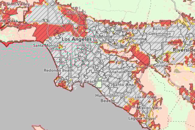A screenshot of CAL FIRE&#39;s fire hazard severity zone fire map showing the Los Angeles area, with &#34;Very High&#34; risk areas are depicted in dark red, &#34;High&#34; in orange, and &#34;Moderate&#34; in yellow.