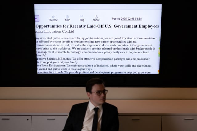 Max Lesser, a senior analyst on emerging threats at the Foundation for Defense of Democracies poses for a portrait at an office in Washington, D.C., U.S., March 24, 2025. REUTERS/Carlos Barria